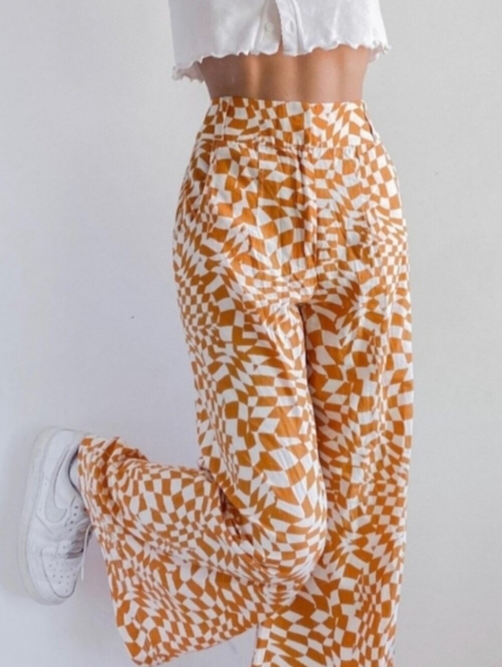 Free People High-Waist Geometric Print Wide Leg Pants - Orange/White, Size 6